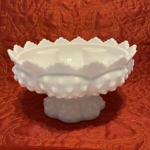 FENTON Hobnail Milk Glass 6 Candle‎ Holder Compote Bowl Center Piece Vintage